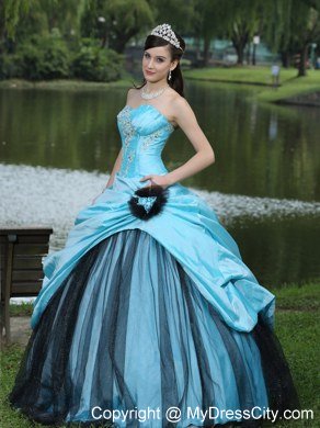 Aqua Blue Taffeta 2013 Quinceanera Dress with Appliques and Pick-ups