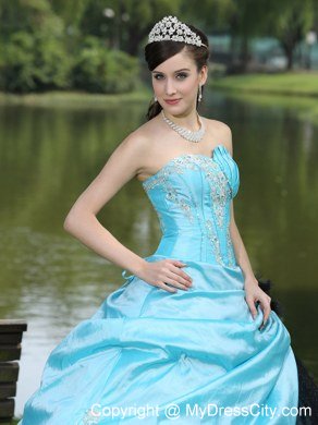 Aqua Blue Taffeta 2013 Quinceanera Dress with Appliques and Pick-ups