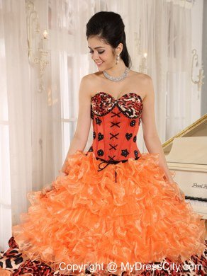 Orange Organza Ruffles Appliques Quinceanera Dress with Leopard