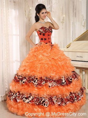 Orange Organza Ruffles Appliques Quinceanera Dress with Leopard