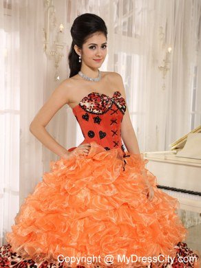 Orange Organza Ruffles Appliques Quinceanera Dress with Leopard