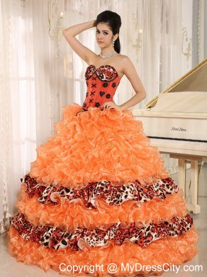 Orange Organza Ruffles Appliques Quinceanera Dress with Leopard