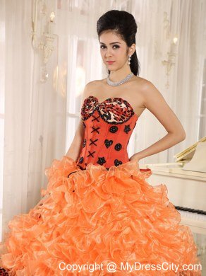 Orange Organza Ruffles Appliques Quinceanera Dress with Leopard