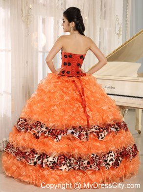 Orange Organza Ruffles Appliques Quinceanera Dress with Leopard