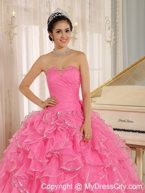 Beautiful Rose Pink Puffy Sweet 15 Dress with Ruches and Beading