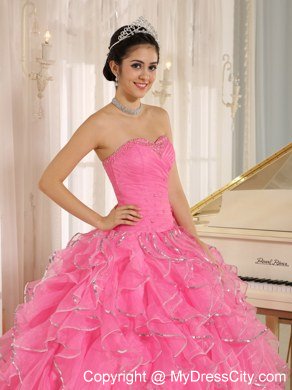 Beautiful Rose Pink Puffy Sweet 15 Dress with Ruches and Beading