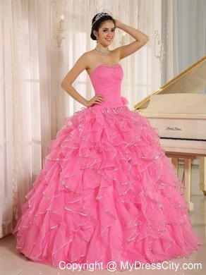 Beautiful Rose Pink Puffy Sweet 15 Dress with Ruches and Beading