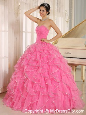 Beautiful Rose Pink Puffy Sweet 15 Dress with Ruches and Beading