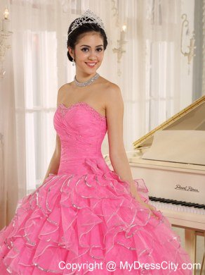 Beautiful Rose Pink Puffy Sweet 15 Dress with Ruches and Beading