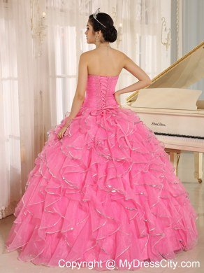 Beautiful Rose Pink Puffy Sweet 15 Dress with Ruches and Beading