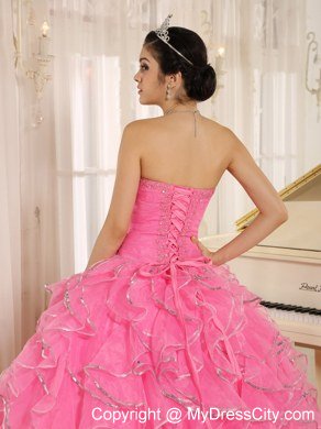 Beautiful Rose Pink Puffy Sweet 15 Dress with Ruches and Beading