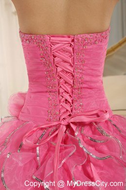 Beautiful Rose Pink Puffy Sweet 15 Dress with Ruches and Beading