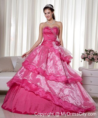 Hot Pink Sweetheart Beaded 2013 Ruffled Layers Quinceanera Dress