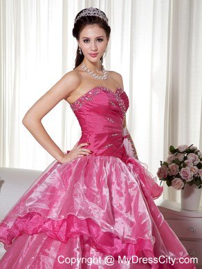 Hot Pink Sweetheart Beaded 2013 Ruffled Layers Quinceanera Dress