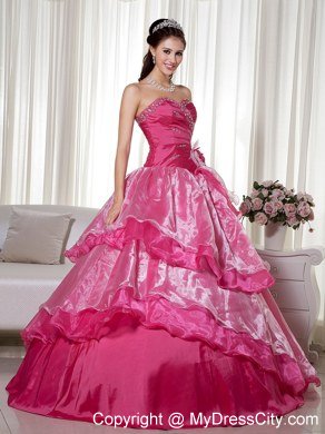 Hot Pink Sweetheart Beaded 2013 Ruffled Layers Quinceanera Dress