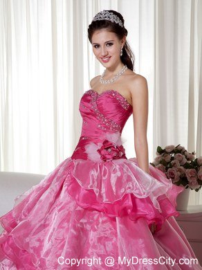 Hot Pink Sweetheart Beaded 2013 Ruffled Layers Quinceanera Dress