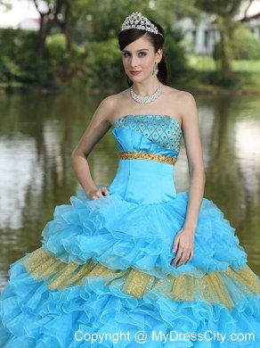 Puffy Organza Aqua Blue and Gold Ruffles Quinceanera Dress For 2013