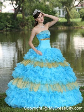 Puffy Organza Aqua Blue and Gold Ruffles Quinceanera Dress For 2013