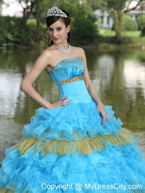 Puffy Organza Aqua Blue and Gold Ruffles Quinceanera Dress For 2013