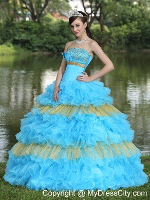 Puffy Organza Aqua Blue and Gold Ruffles Quinceanera Dress For 2013