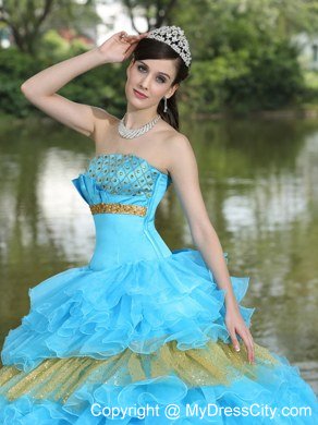 Puffy Organza Aqua Blue and Gold Ruffles Quinceanera Dress For 2013