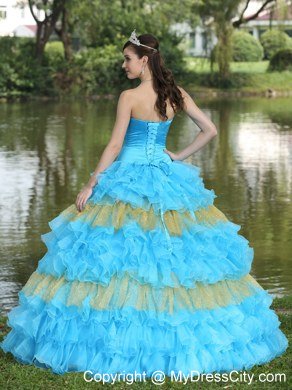 Puffy Organza Aqua Blue and Gold Ruffles Quinceanera Dress For 2013