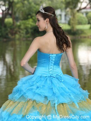 Puffy Organza Aqua Blue and Gold Ruffles Quinceanera Dress For 2013