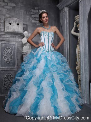 Red and Blue Organza Ruffled 2013 Dress For Quince with Appliques