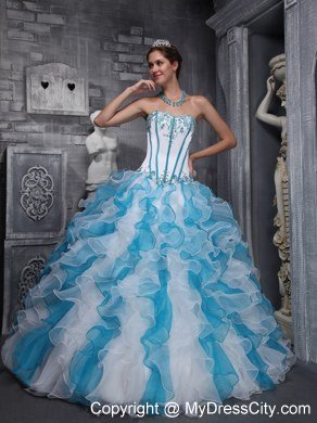 Red and Blue Organza Ruffled 2013 Dress For Quince with Appliques