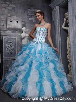 Red and Blue Organza Ruffled 2013 Dress For Quince with Appliques