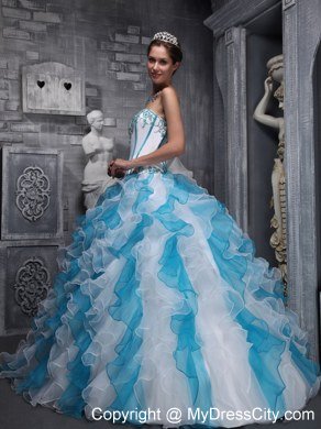 Red and Blue Organza Ruffled 2013 Dress For Quince with Appliques