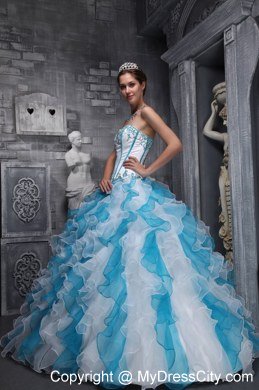 Red and Blue Organza Ruffled 2013 Dress For Quince with Appliques