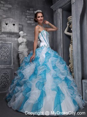 Red and Blue Organza Ruffled 2013 Dress For Quince with Appliques