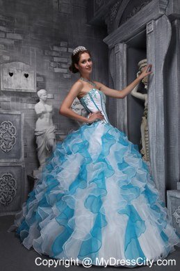 Red and Blue Organza Ruffled 2013 Dress For Quince with Appliques