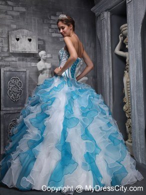 Red and Blue Organza Ruffled 2013 Dress For Quince with Appliques