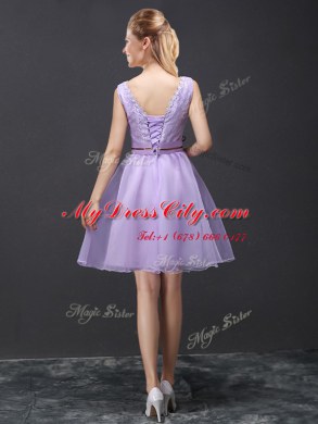 Attractive Lavender A-line V-neck Sleeveless Organza Mini Length Lace Up Lace and Appliques and Belt Bridesmaid Gown