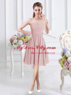 Chiffon Scoop Cap Sleeves Zipper Lace and Ruching Wedding Party Dress in Pink