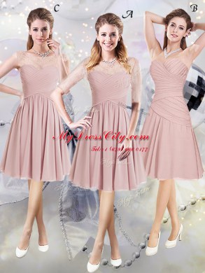 Chiffon Scoop Cap Sleeves Zipper Lace and Ruching Wedding Party Dress in Pink