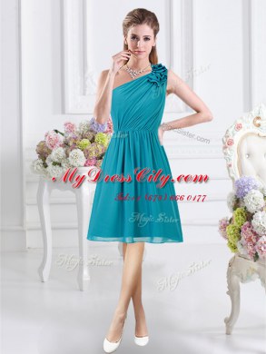 Dramatic One Shoulder Knee Length Empire Sleeveless Teal Vestidos de Damas Side Zipper