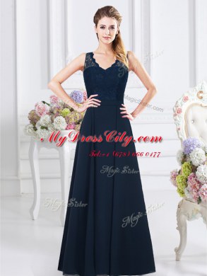 Wonderful V-neck Sleeveless Backless Vestidos de Damas Navy Blue Chiffon