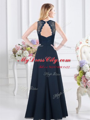 Wonderful V-neck Sleeveless Backless Vestidos de Damas Navy Blue Chiffon