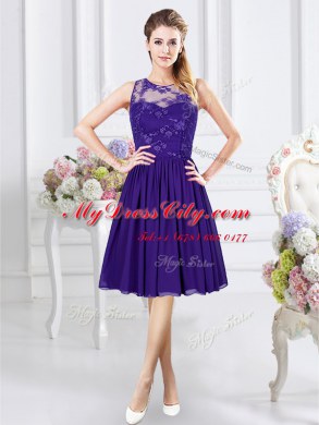 Affordable Scoop Purple Chiffon Zipper Wedding Party Dress Sleeveless Knee Length Lace