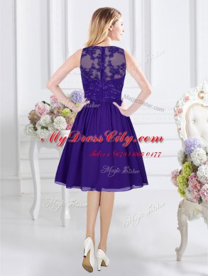 Affordable Scoop Purple Chiffon Zipper Wedding Party Dress Sleeveless Knee Length Lace