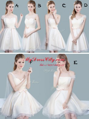 Ruching and Bowknot Wedding Party Dress Champagne Zipper Sleeveless Knee Length