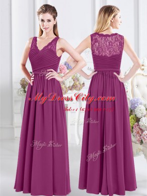 Free and Easy Fuchsia Empire Chiffon V-neck Sleeveless Lace and Ruching Floor Length Side Zipper Bridesmaid Dress