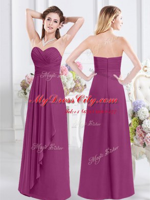 Free and Easy Fuchsia Empire Chiffon V-neck Sleeveless Lace and Ruching Floor Length Side Zipper Bridesmaid Dress