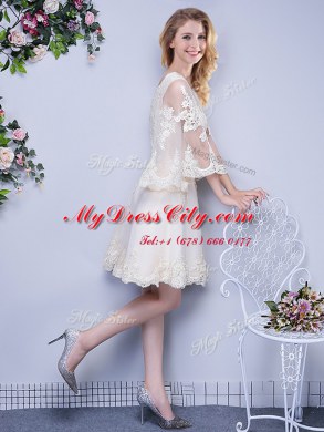 Pretty Scoop White Tulle Lace Up Quinceanera Court of Honor Dress 3 4 Length Sleeve Knee Length Lace