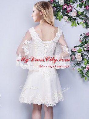 Pretty Scoop White Tulle Lace Up Quinceanera Court of Honor Dress 3 4 Length Sleeve Knee Length Lace