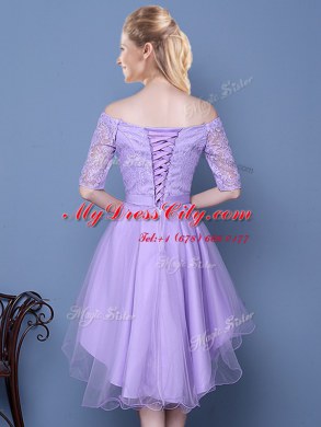 Luxury Off the Shoulder Half Sleeves Tulle High Low Lace Up Quinceanera Court of Honor Dress in Lavender with Lace and Bowknot and Belt