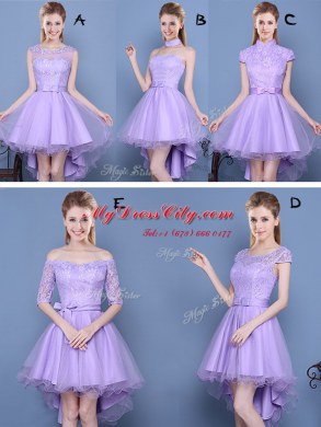 Luxury Off the Shoulder Half Sleeves Tulle High Low Lace Up Quinceanera Court of Honor Dress in Lavender with Lace and Bowknot and Belt